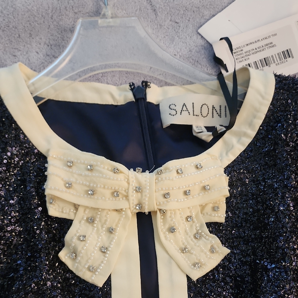 SALONI Black Soft  Sequin Playsuit  with Ivory Bow